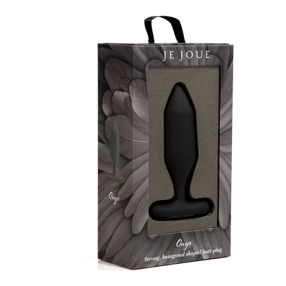 Plug anal en silicone noir, forme allongée avec sommet pointu et base élargie, fond blanc
