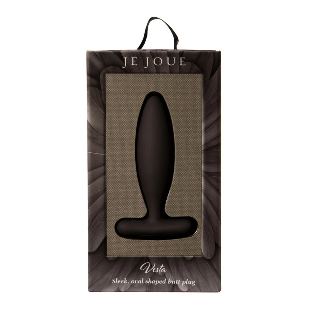 Plug anal noir en silicone, forme ovoïde allongée avec base élargie, sur fond blanc