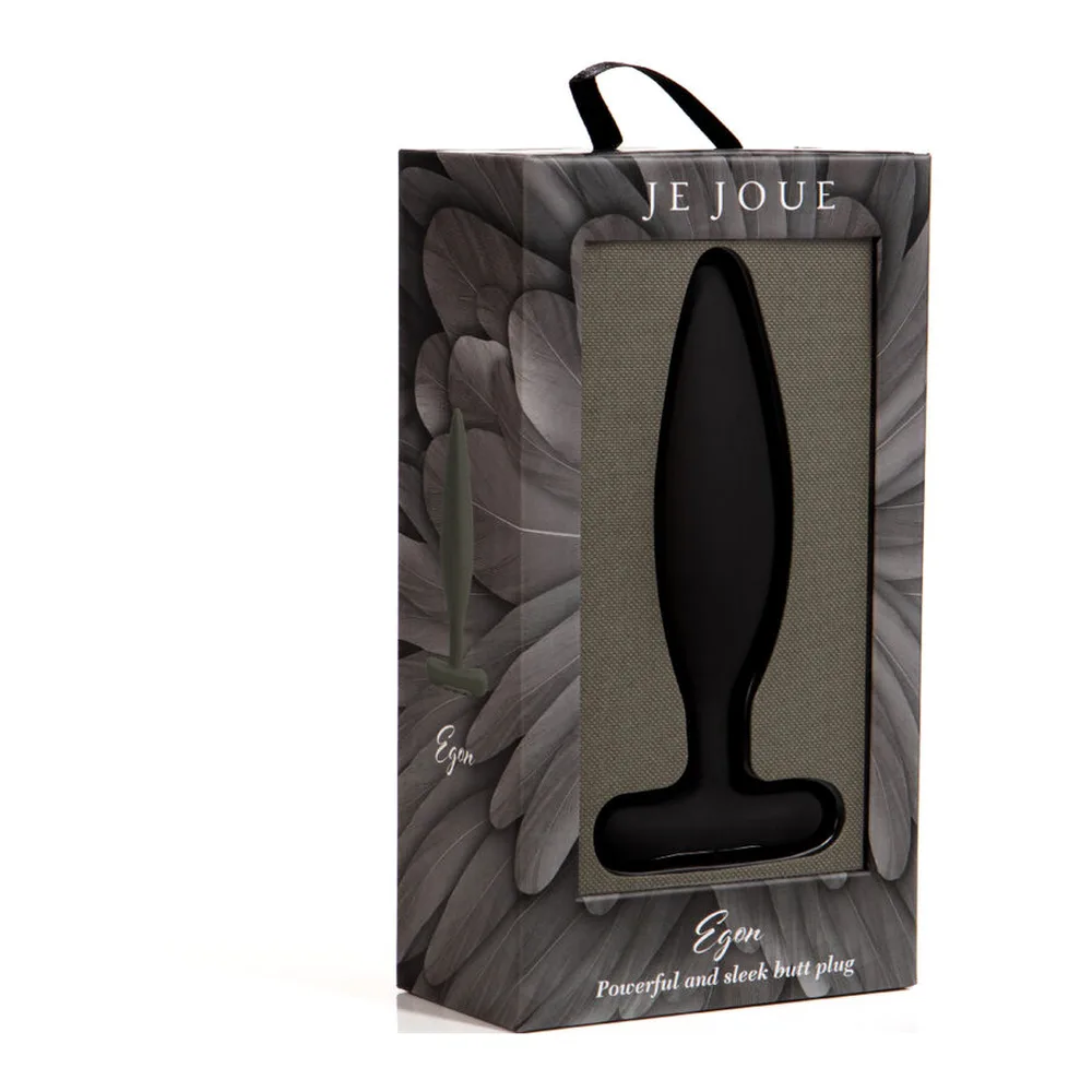 Plug anal noir en silicone de forme allongée avec base élargie en T, silhouette lisse sur fond blanc