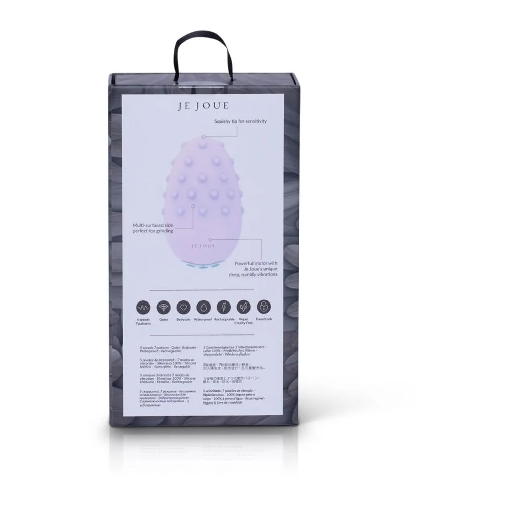 Emballage du stimulateur clitoridien Mimi Deux Masseur en boîte grise avec poignée noire, affichant schéma du produit rose pâle, ses deux surfaces texturées et ses 5 modes de vibration