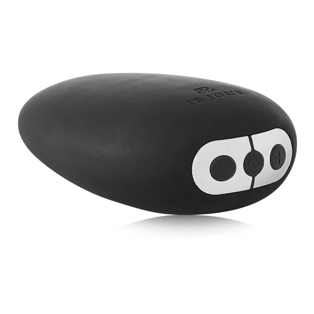 Vibrateur clitoridien Mimi noir en forme de galet ovale lisse en silicone, sur fond blanc
