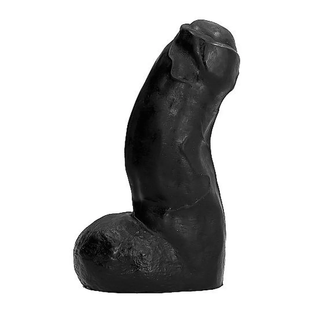 Gode anal en silicone noir brillant, de forme phallique épaisse et courte, présenté aux côtés d'une canette métallique grise « All Black » sur fond blanc