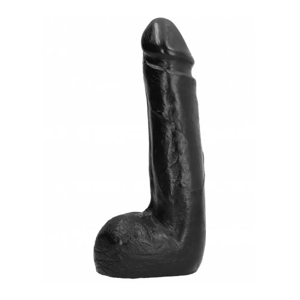 Gode réaliste noir avec base large texturée et cannelures, présenté à côté d'une canette pour référence de taille, sur fond blanc