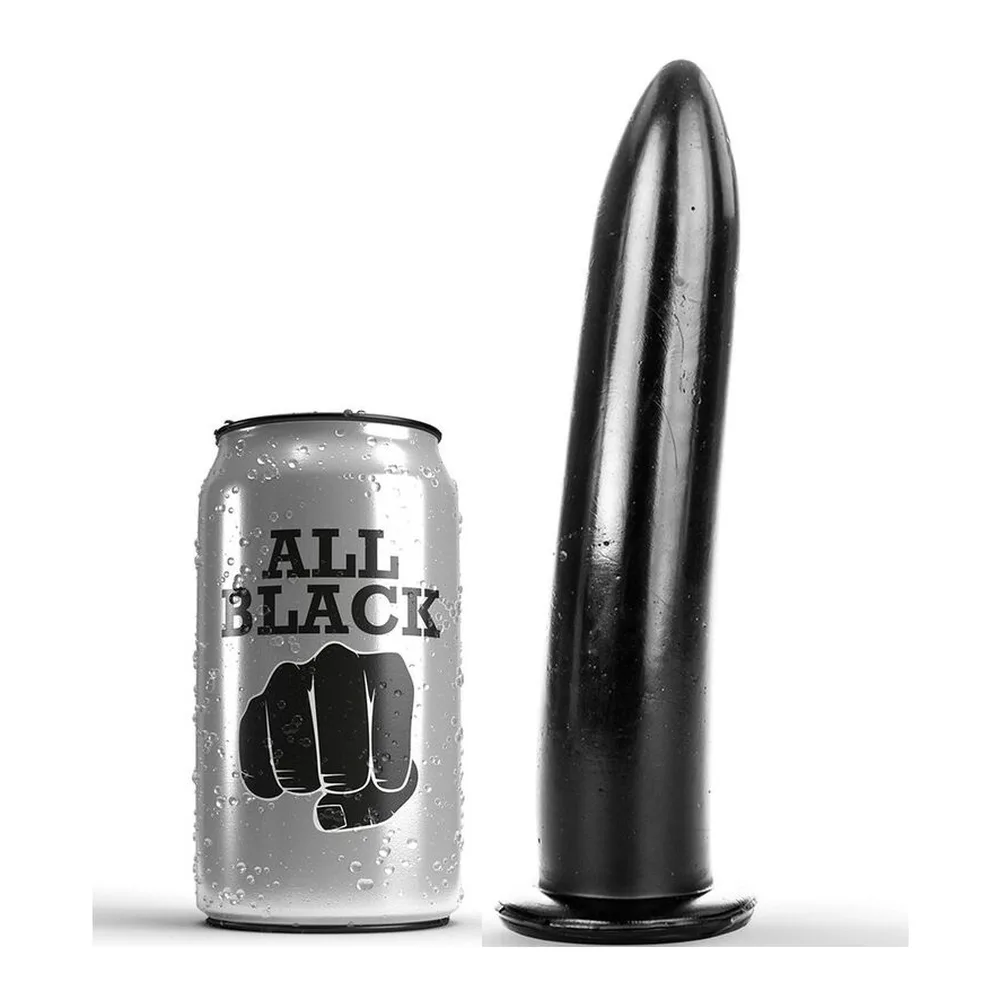 Gode conique noir en silicone, forme effilée et lisse, présenté à côté d'une canette de bière pour échelle de taille, sur fond blanc