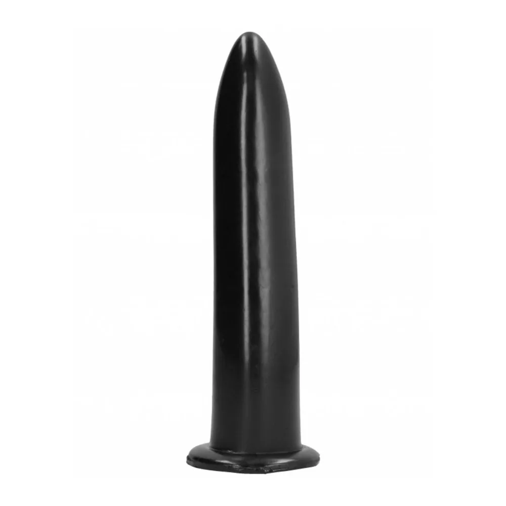 Gode conique noir en silicone, forme effilée et lisse, présenté à côté d'une canette de bière pour échelle de taille, sur fond blanc