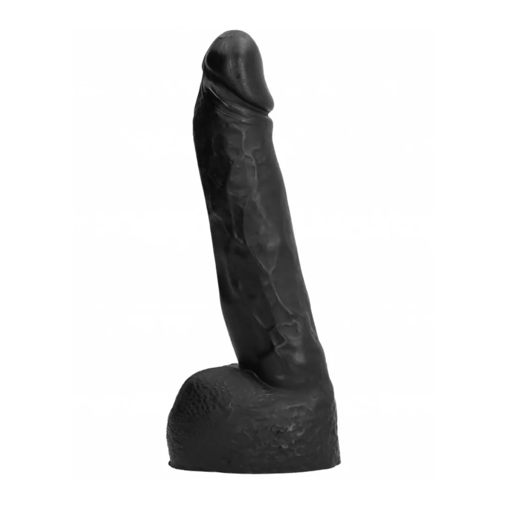 Gode en silicone noir avec poignée texturée en relief et base ventouse circulaire, présenté aux côtés d'une canette de référence