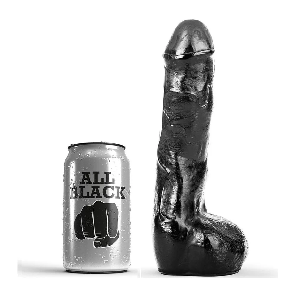 Gode anal noir en silicone avec relief ondulé et gland proéminent, présenté à côté de sa canette de bière noire All Black pour comparaison de taille