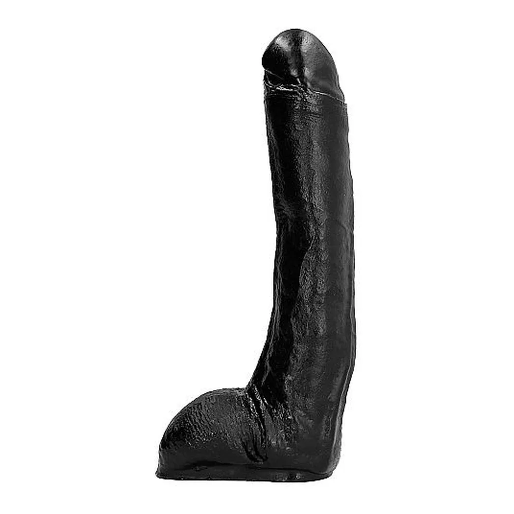 Gode réaliste noir en silicone, incurvé, avec base lestée et anneau de retenue, présenté à côté d'une canette pour échelle