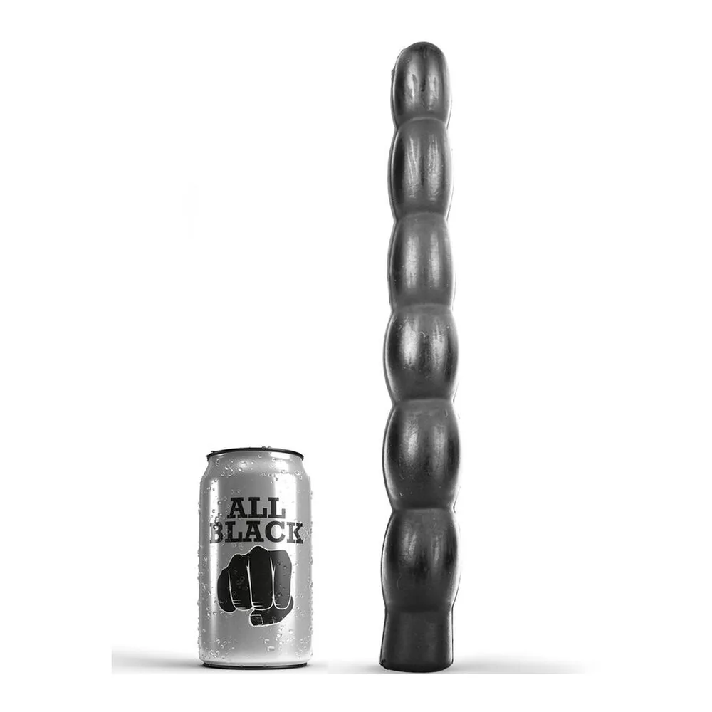 Gode anal noir en silicone à surface ondulée, long et effilé, présenté aux côtés d'une canette pour échelle