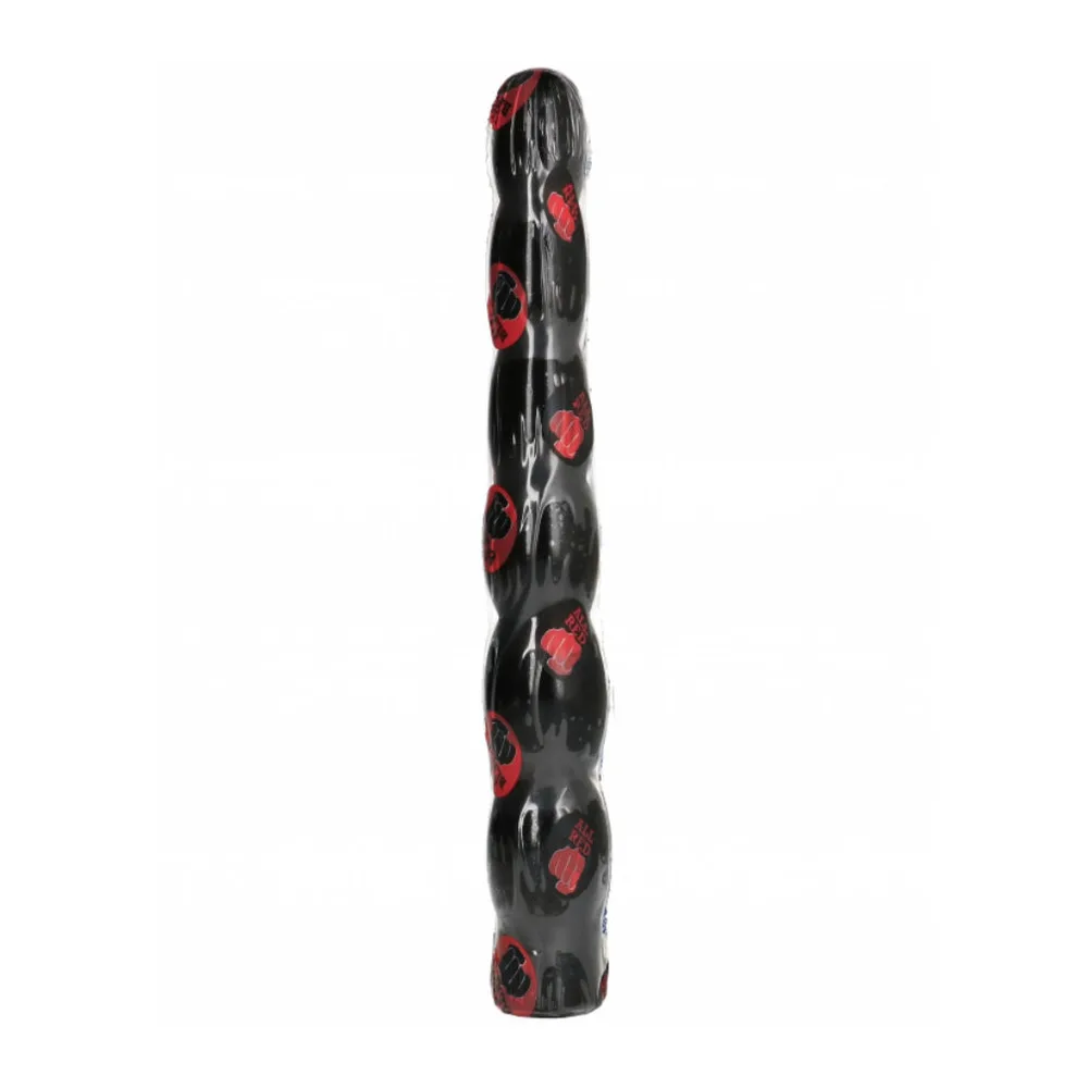 Gode anal noir en silicone à surface ondulée, long et effilé, présenté aux côtés d'une canette pour échelle