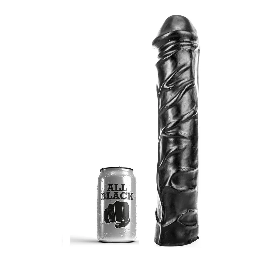 Gode géant noir avec relief en spirale et gland proéminent, présenté à côté d'une canette de référence de taille