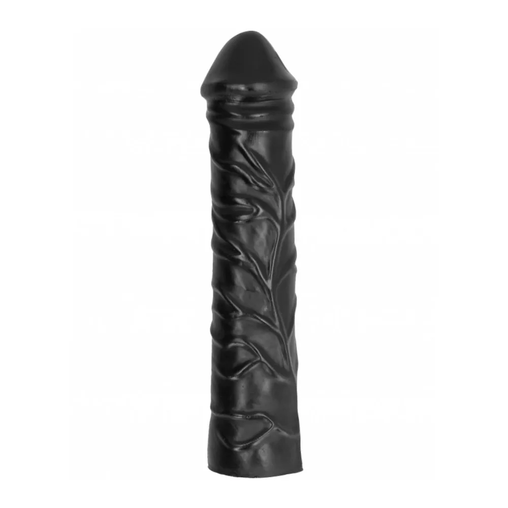 Gode géant noir avec relief en spirale et gland proéminent, présenté à côté d'une canette de référence de taille