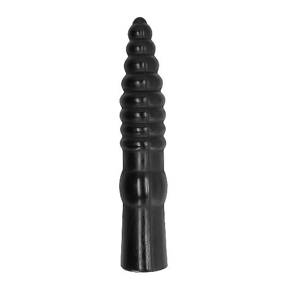 Gode anal noir en silicone, forme effilée avec cannelures régulières, présenté à côté d'une canette pour l'échelle des dimensions