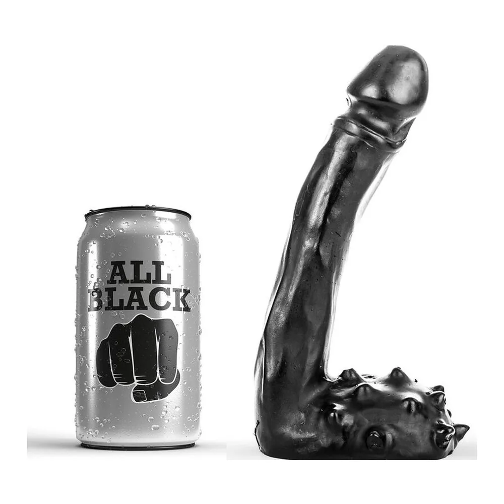 Gode réaliste noir en silicone, tige courbée de 19 cm de diamètre 3,5 cm avec base texturée et large, présenté à côté d'une canette pour comparaison de taille