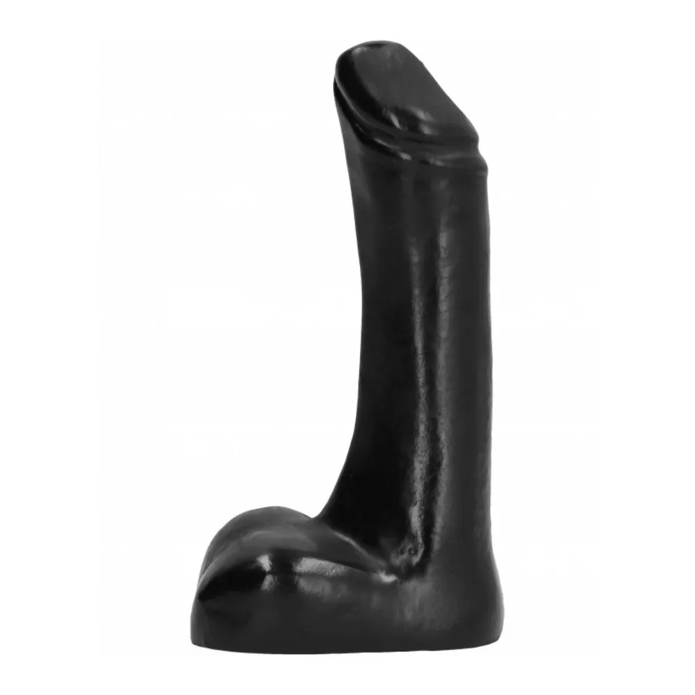 Gode noir en silicone lisse avec base ronde, présenté aux côtés de sa boîte de conserve All Black humide de condensation, sur fond blanc