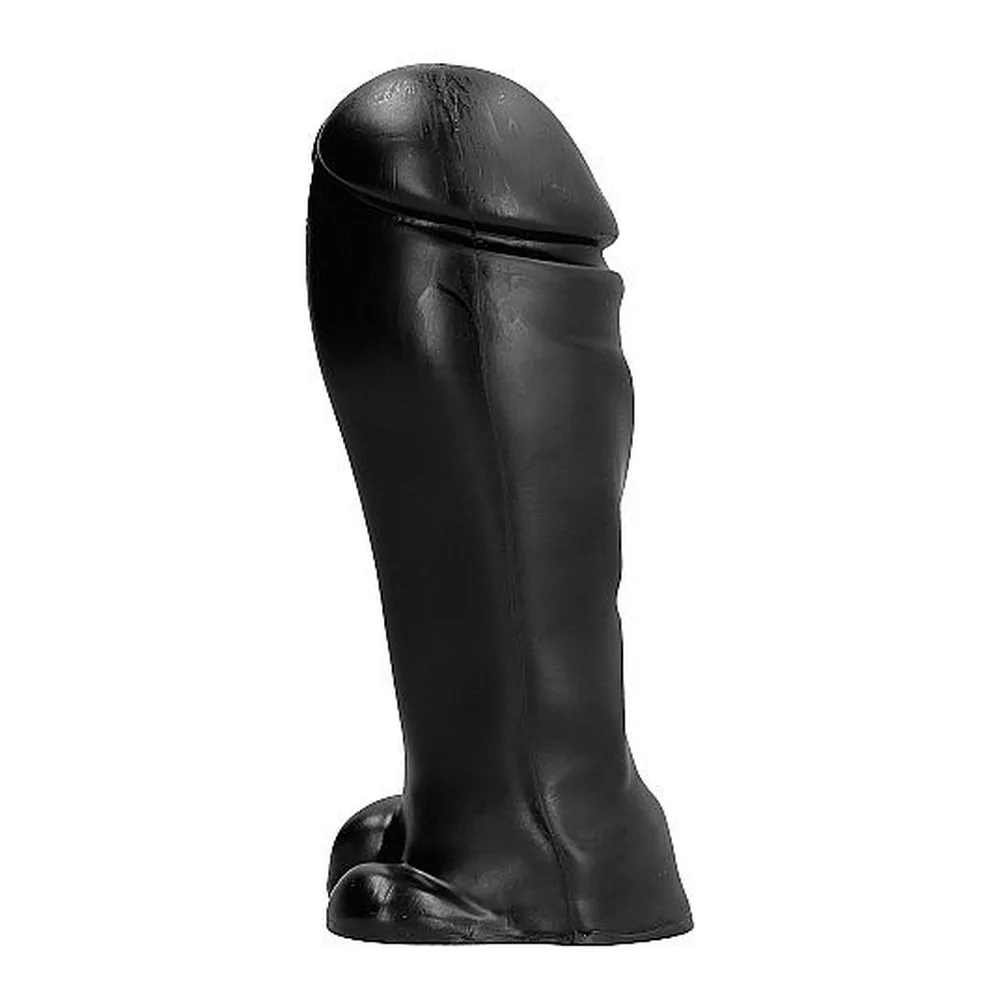 Gode anal noir en silicone avec gland large et base de testicules, présenté à côté d'une canette pour comparaison d'échelle