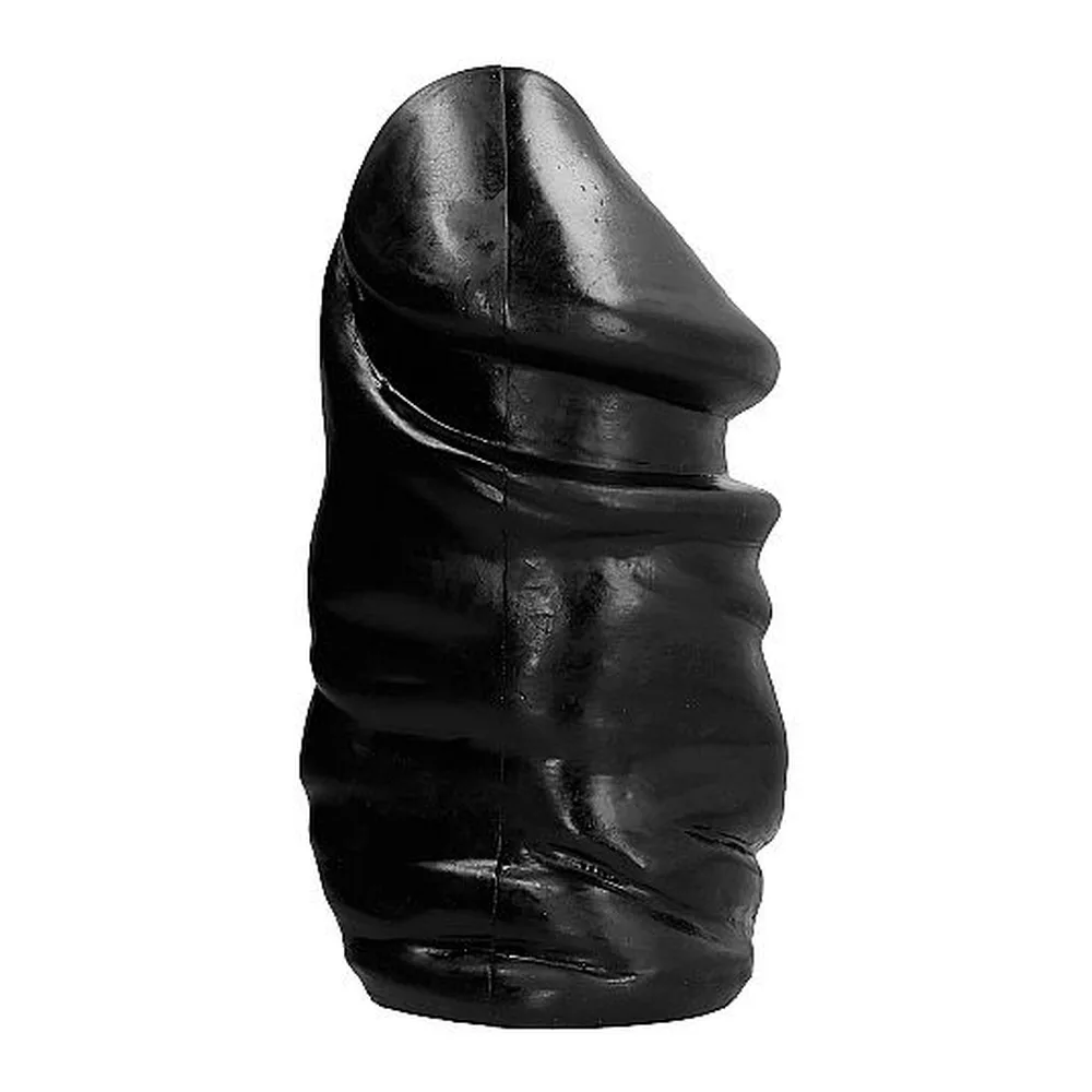 Gode anal conique en silicone noir, forme effilée avec sillons horizontaux, base large, sur fond blanc