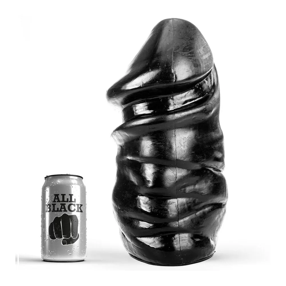 Gode anal conique en silicone noir, forme effilée avec sillons horizontaux, base large, sur fond blanc