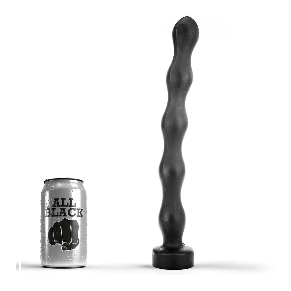 Plug anal noir en silicone avec base large, forme ondulée et renflée, présenté à côté d'une canette de référence de taille