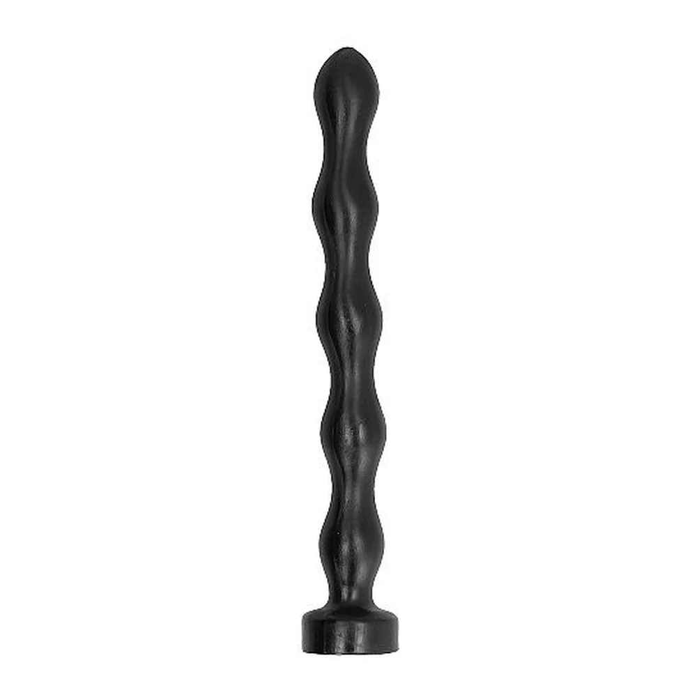 Sextoy anal noir en silicone avec structure de perles progressives empilées, monté sur base plate circulaire, présenté à côté d'une canette pour l'échelle des dimensions