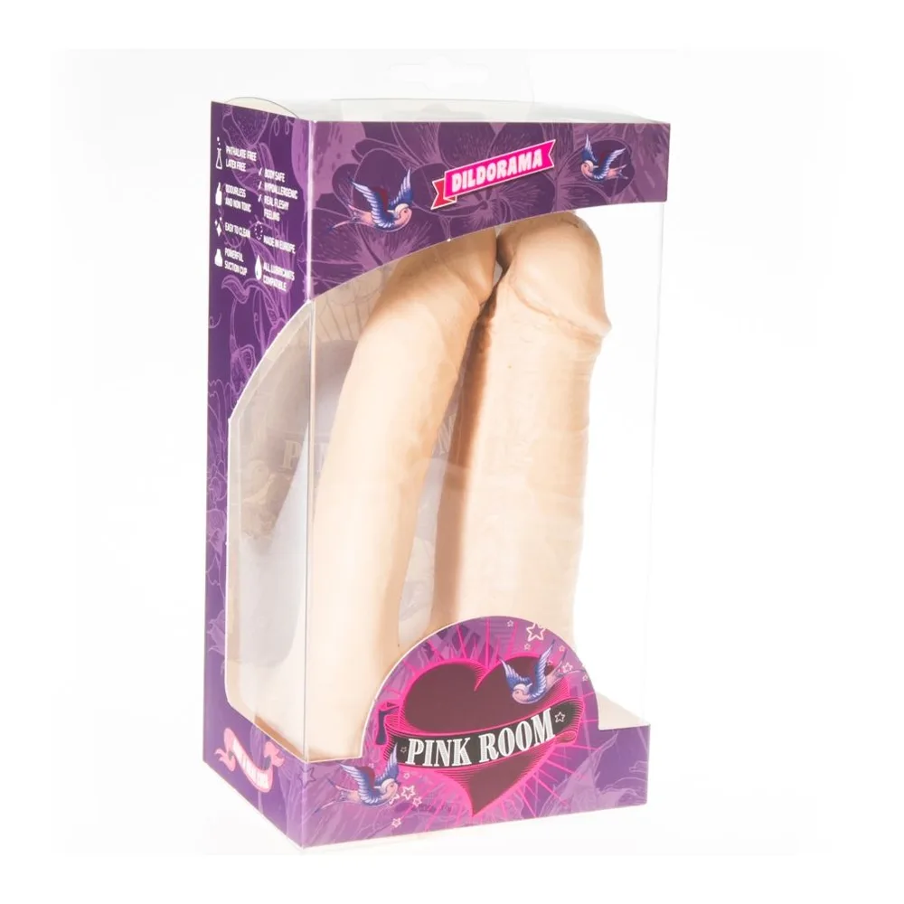 Double gode réaliste en latex chair avec deux tiges cylindriques détaillées sur une base ventouse large, fond blanc
