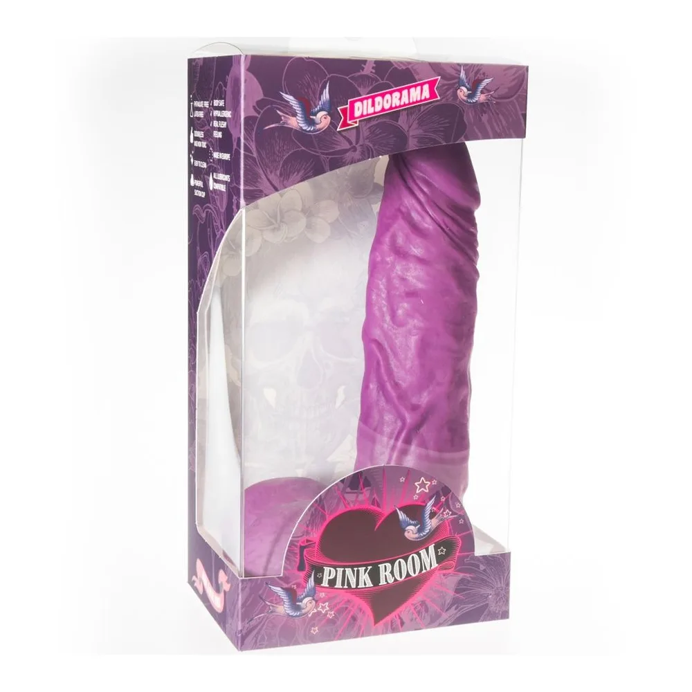 Gode réaliste en latex rose magenta avec veines en relief, base ventouse, sur fond blanc