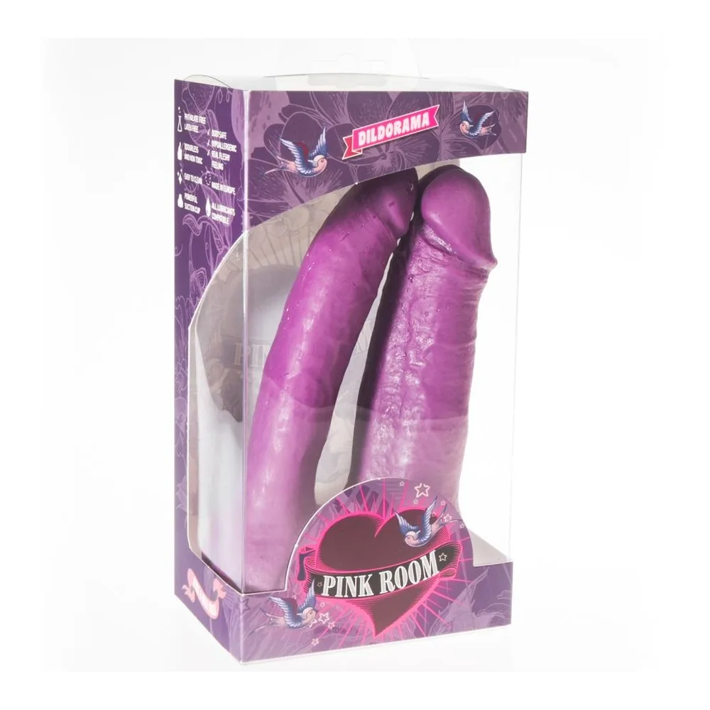 Double gode réaliste en latex violet fuchsia, deux branches courbées avec détails anatomiques, sur fond blanc