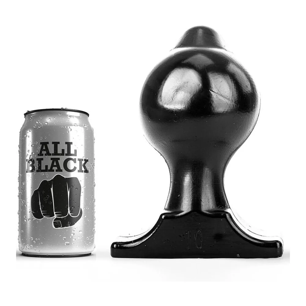 Plug anal noir brillant en silicone avec base plate évasée, présenté à côté d'une canette de référence pour l'échelle, fond blanc