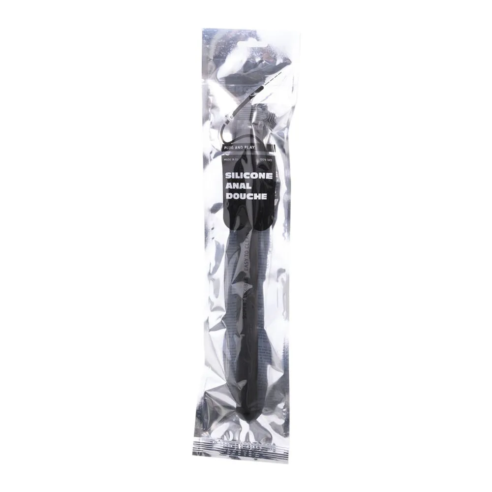 Douche anale rétractable en silicone noir, emballage transparent blister montrant le produit avec tuyau et poire d'aspiration