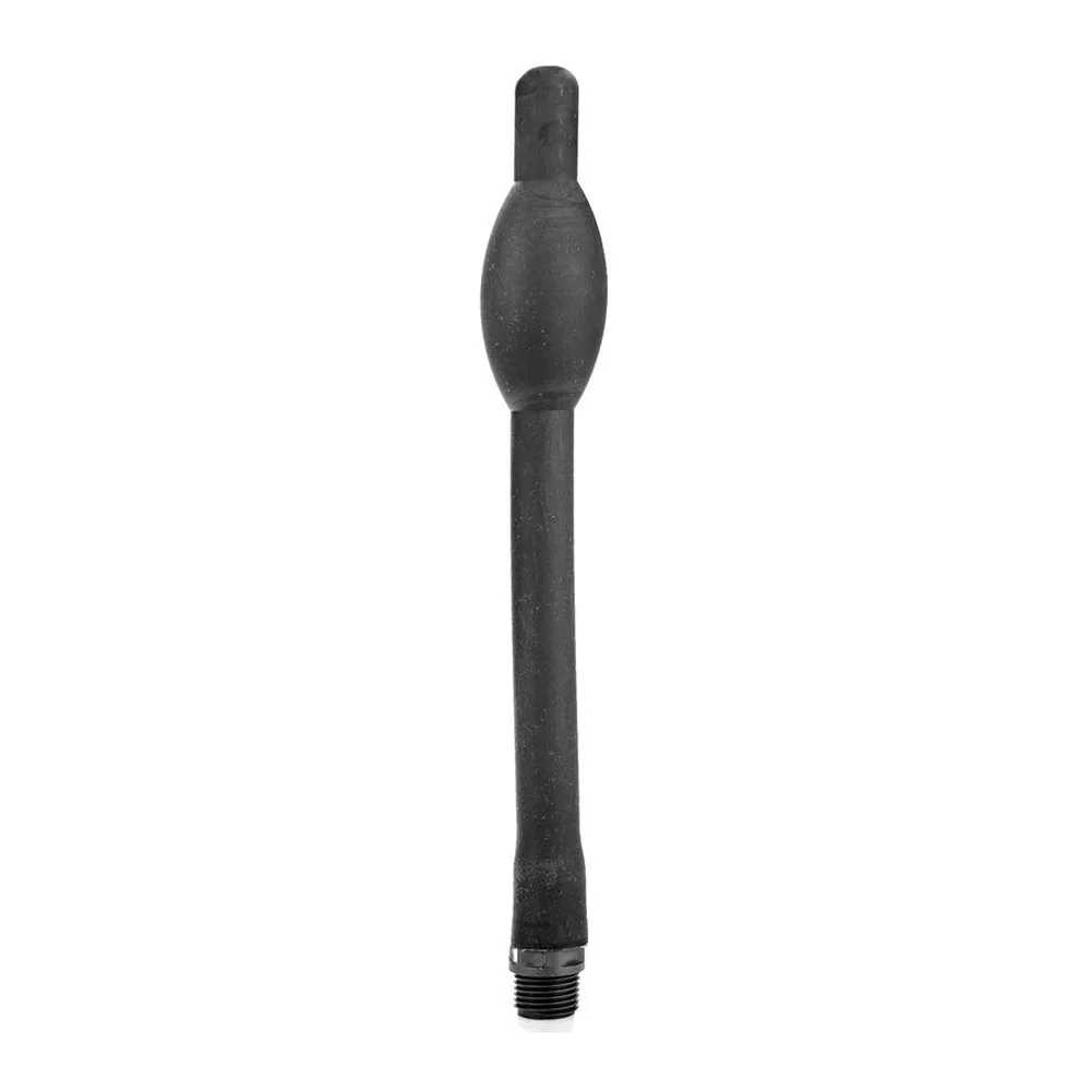 Douche anale rétractable en silicone noir, emballage transparent blister montrant le produit avec tuyau et poire d'aspiration