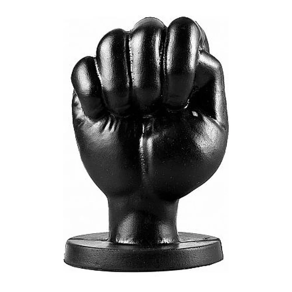 Poing anal en silicone noir brillant, poing fermé sur base circulaire plate, fond blanc