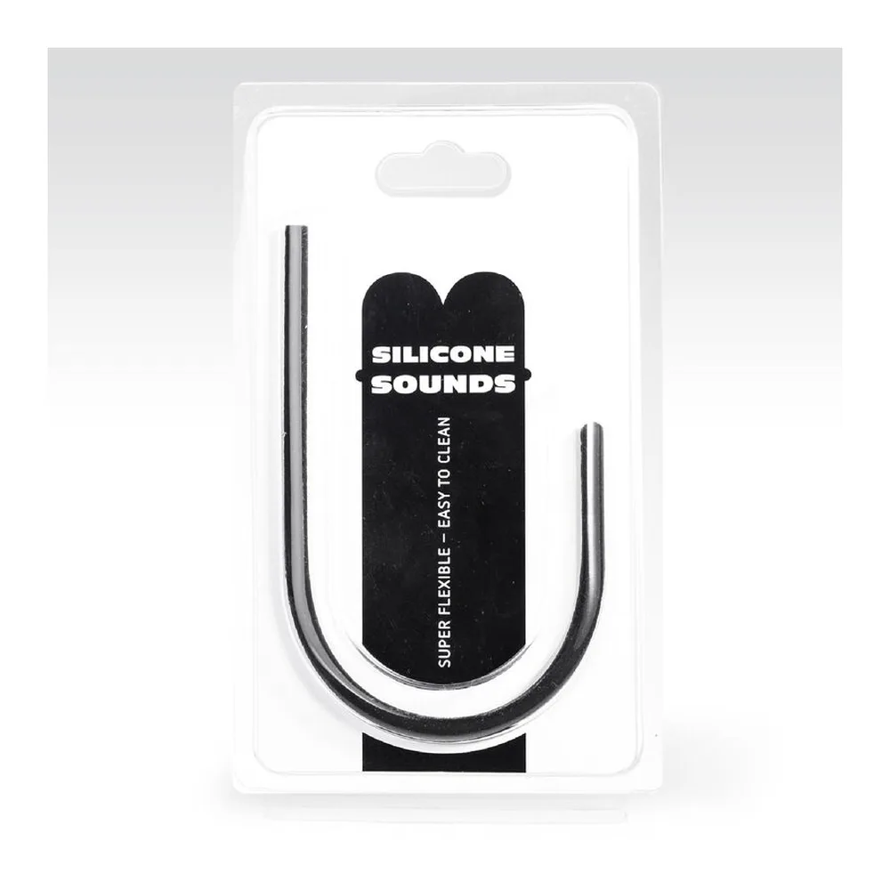 Emballage blister transparent montrant une sonde urétrale en silicone noir avec deux calibres différents reliés par une tige ondulée, sur étiquette Silicone Sounds