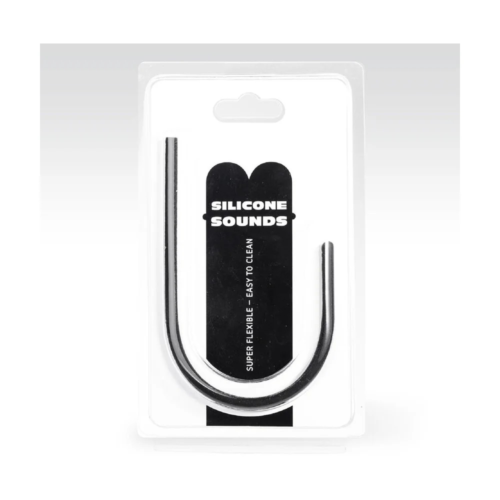 Sonde urétrale en silicone noir, cylindrique et lisse, de section régulière, présentée en longueur sur fond blanc