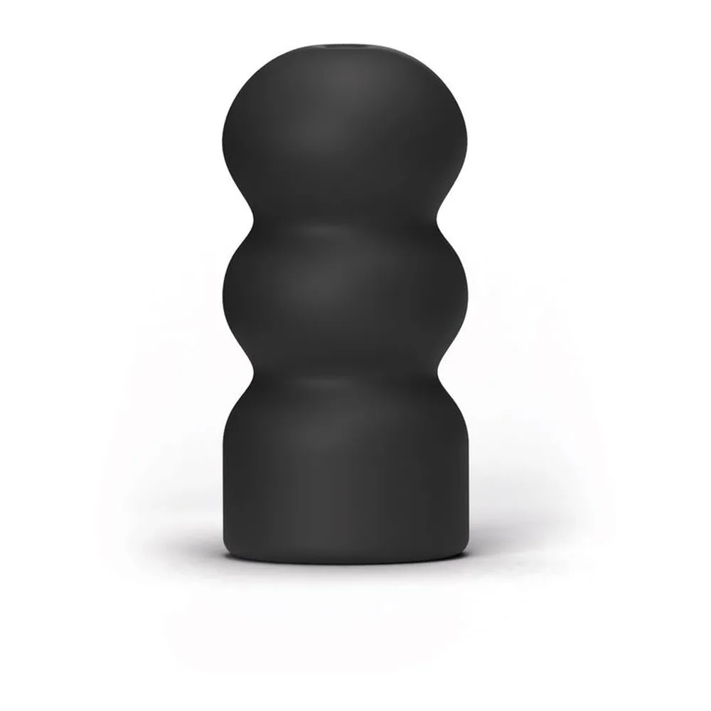 Masturbateur noir en silicone avec trois renflements successifs, formes arrondies et lisses, sur fond blanc neutre