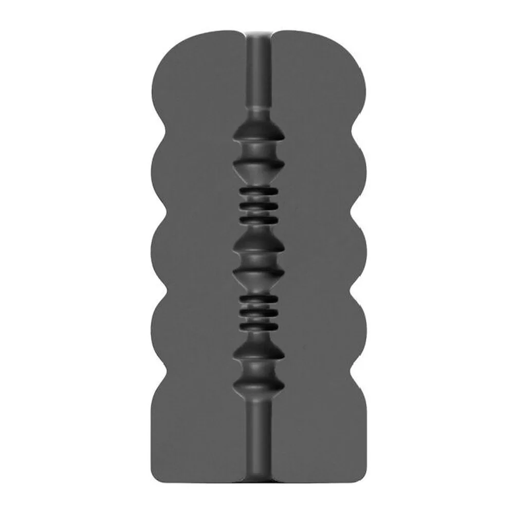Masturbateur noir en silicone avec contours ondulés et canal intérieur à spirale visible, formes arrondies en haut, fond gris neutre