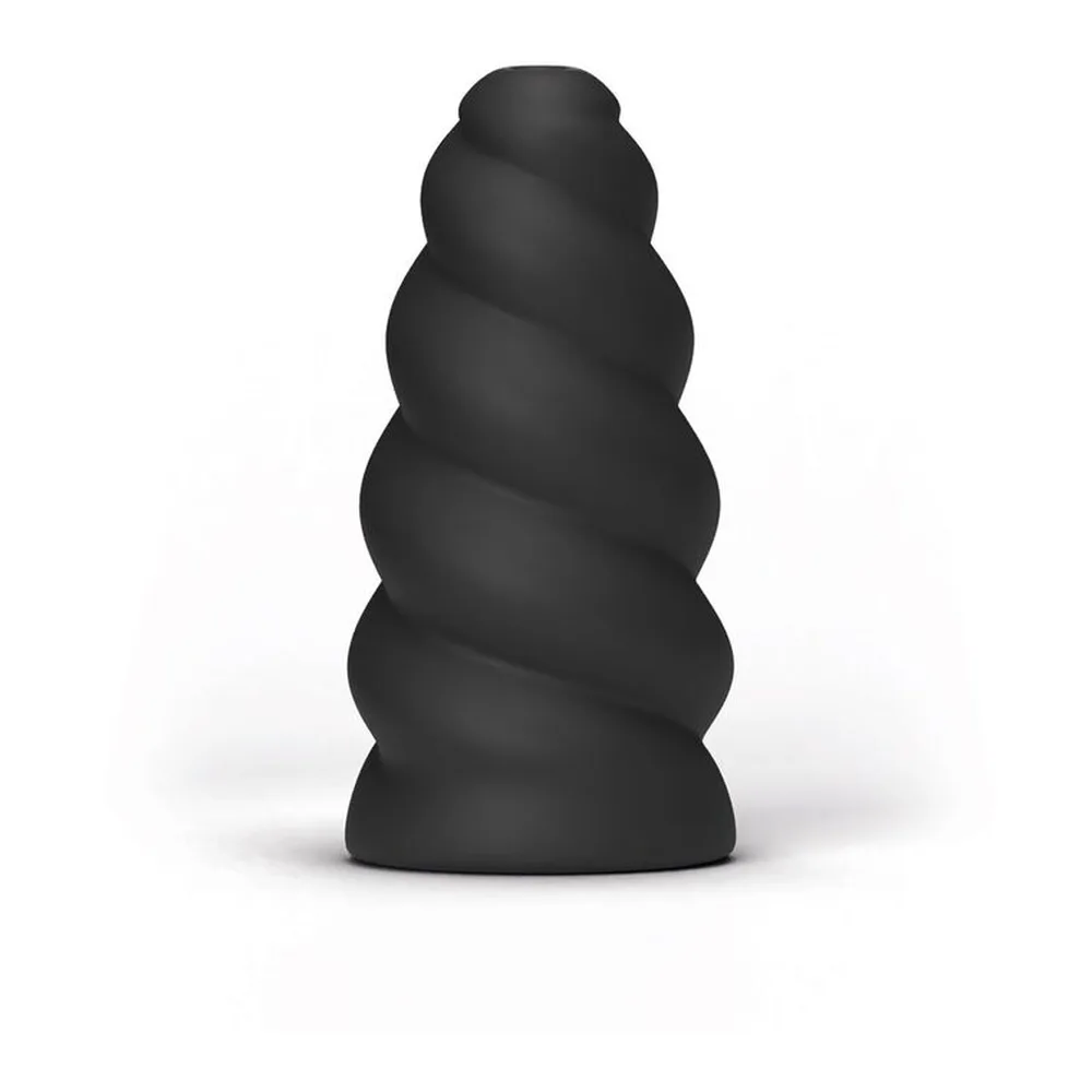 Masturbateur noir en silicone avec surface spiralée à crêtes épaisses, forme conique évasée, sur fond blanc
