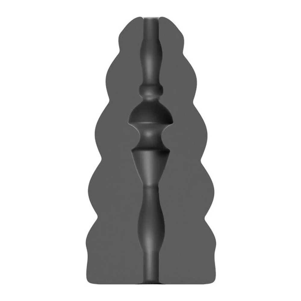 Masturbateur noir en silicone avec surface spiralée à crêtes épaisses, forme conique évasée, sur fond blanc