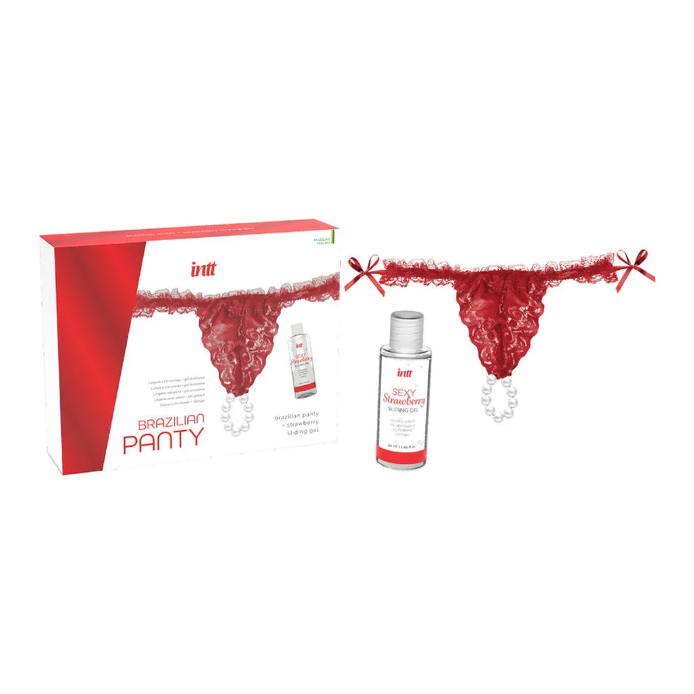 Boîte d'emballage rouge contenant une culotte brésilienne en dentelle rouge avec perles, accompagnée d'un gel de glisse à la fraise en flacon de 100 ml