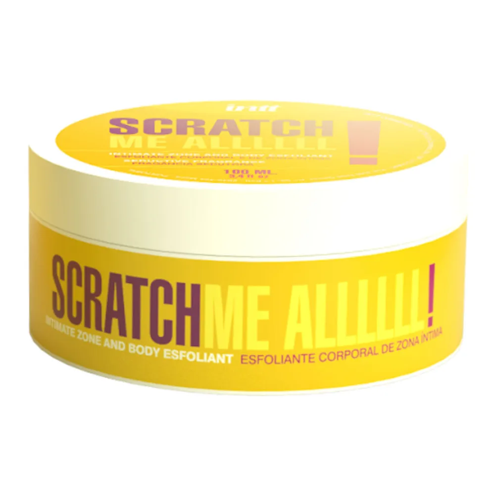 Emballage jaune et boîte de gel exfoliant Scratch All avec pot blanc et jaune contenant le produit, sur fond blanc