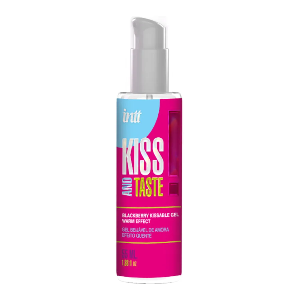 Flacon spray de gel chauffant Kiss and Taste à la mûre, contenance 100 ml, étiquette rose et bleue, pompe blanche