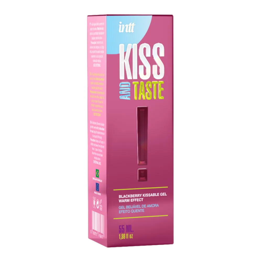 Flacon spray de gel chauffant Kiss and Taste à la mûre, contenance 100 ml, étiquette rose et bleue, pompe blanche