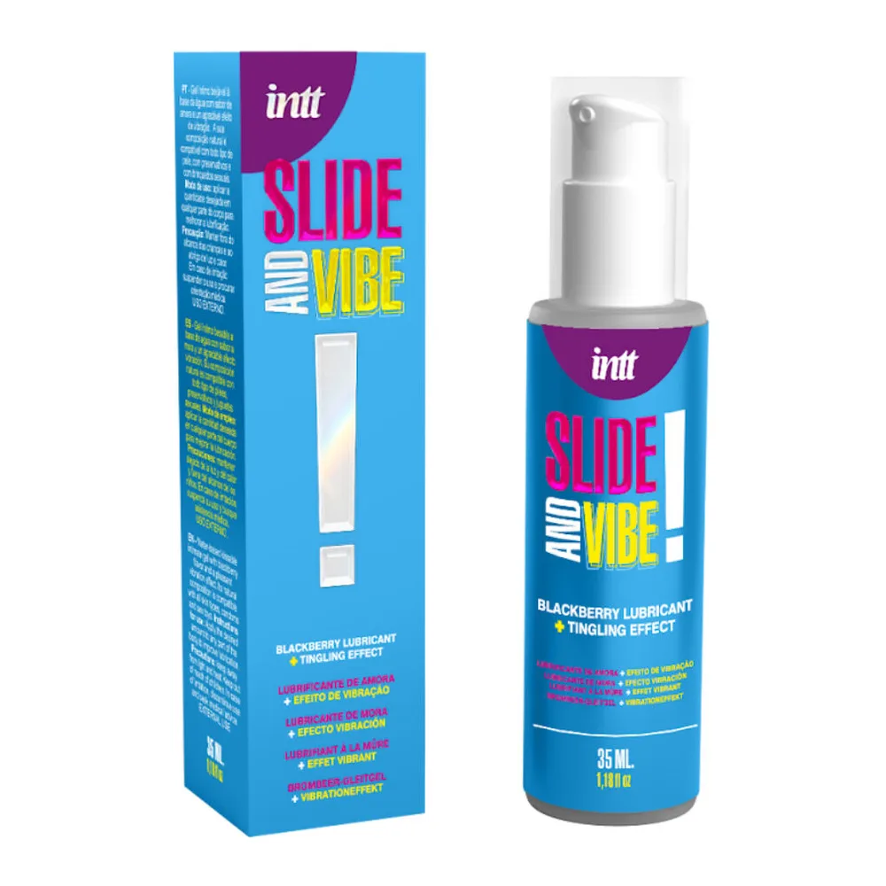 Emballage et flacon de lubrifiant aqueux Slide Vibe de la marque Intt, flacon blanc de 35 ml avec pompe pulvérisateur, boîte bleue avec détails roses et jaunes