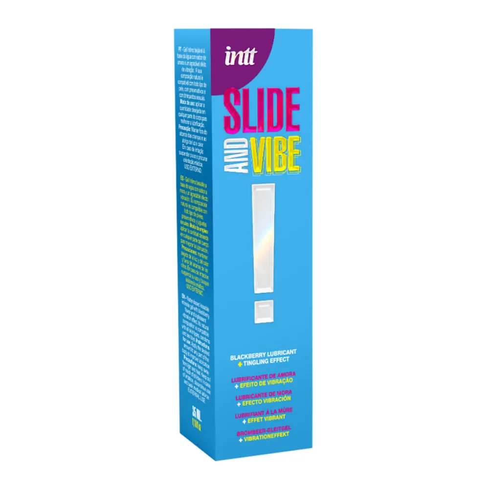 Emballage et flacon de lubrifiant aqueux Slide Vibe de la marque Intt, flacon blanc de 35 ml avec pompe pulvérisateur, boîte bleue avec détails roses et jaunes