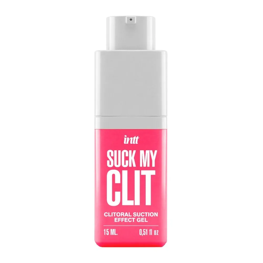 Flacon de gel rose vif avec pompe spray blanc, étiquette indiquant « Suck My Clit » et « clitoral suction effect gel », contenance 15 ml