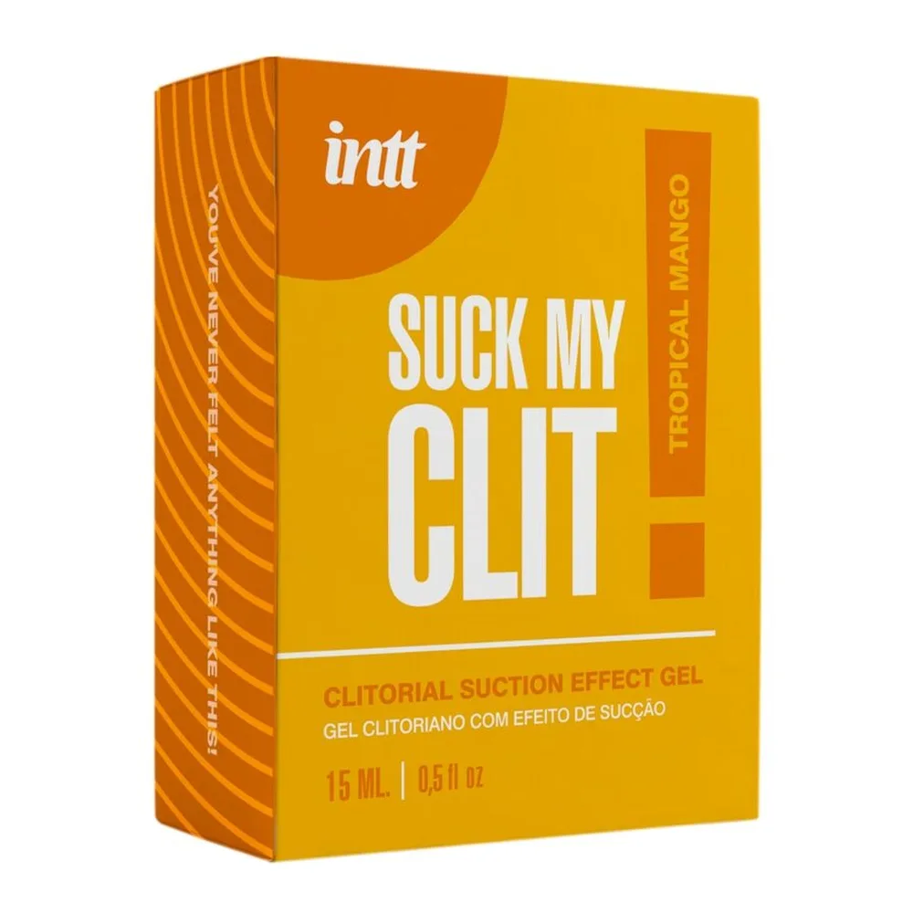 Flacon de gel jaune vif 15 ml avec bouchon pulvérisateur blanc, étiquette « Suck My Clit » - gel effet succion clitoridien