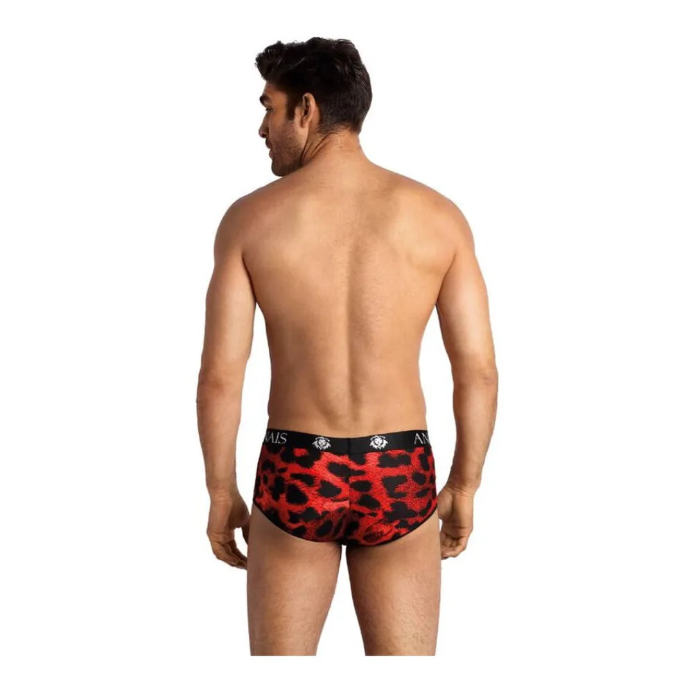 Slip homme en microfibre rouge avec motif léopard noir, taille basse, porté de face sur fond blanc