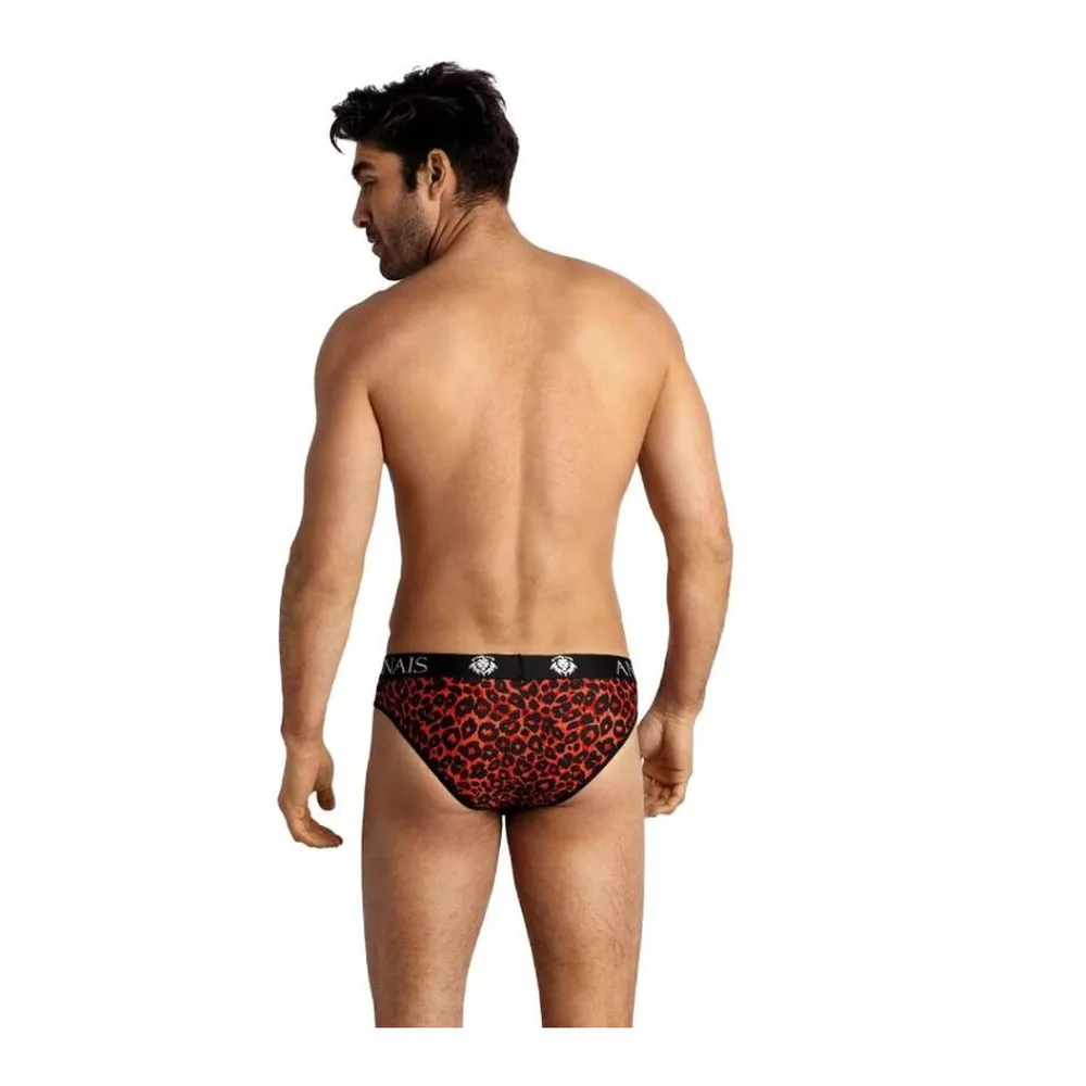 Slip homme en microfibre noire et rouge à motif léopard, ceinture élastique noire avec logo, porté de face