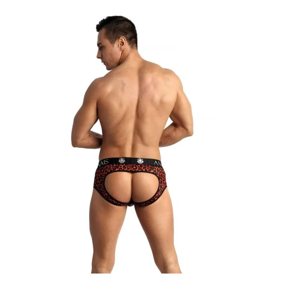 Homme portant un bikini rouge à imprimé léopard avec bande élastique noire marquée ANAÏS, sur fond blanc