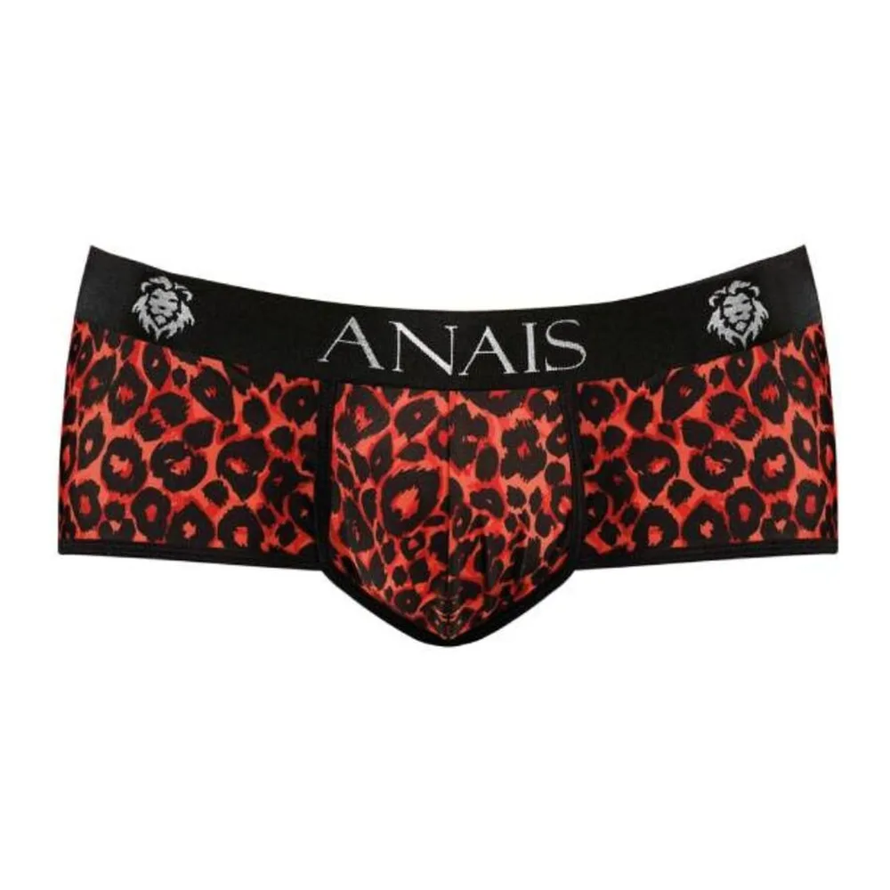 Culotte de la marque Anais à motif léopard rouge et noir, taille basse avec bande élastique noire ornée de logos