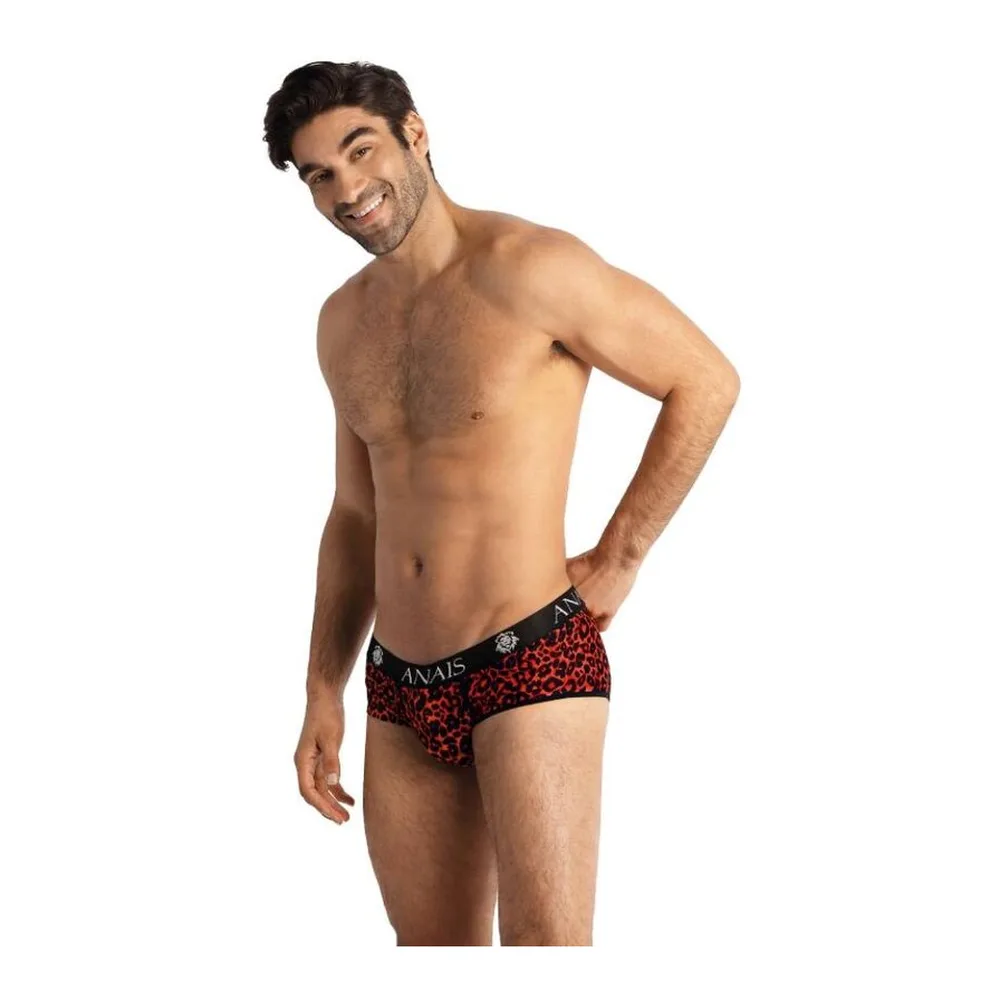 Culotte de la marque Anais à motif léopard rouge et noir, taille basse avec bande élastique noire ornée de logos